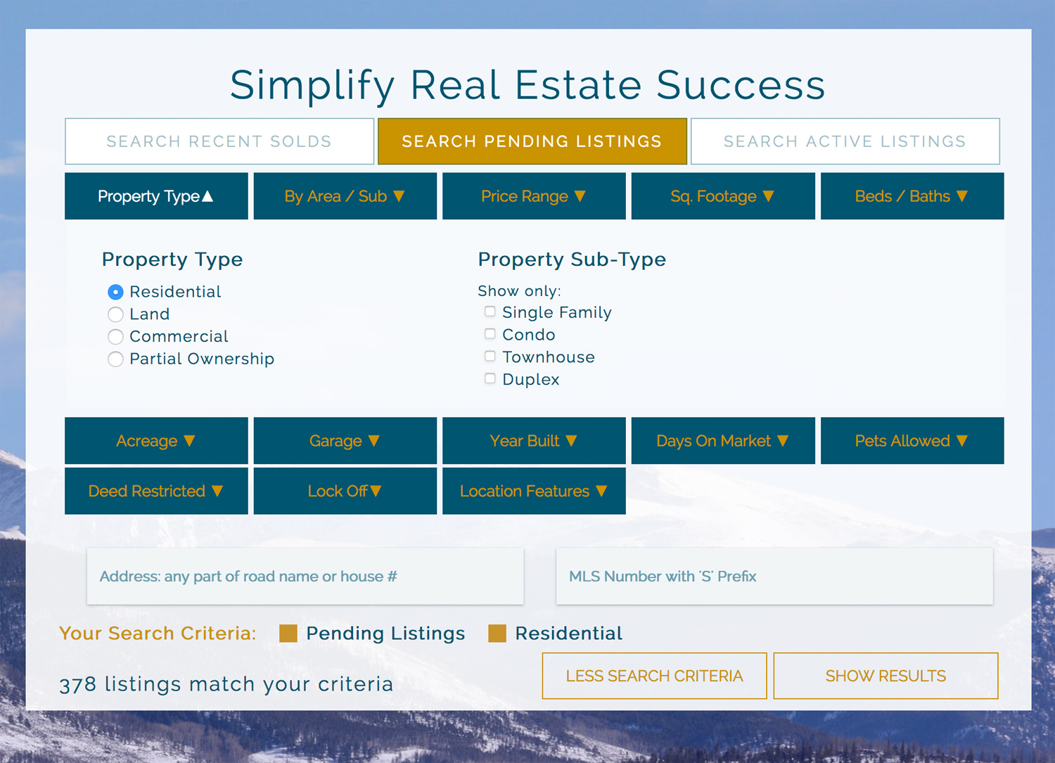 a screenshot of the more search feature at Real Estate Summit County