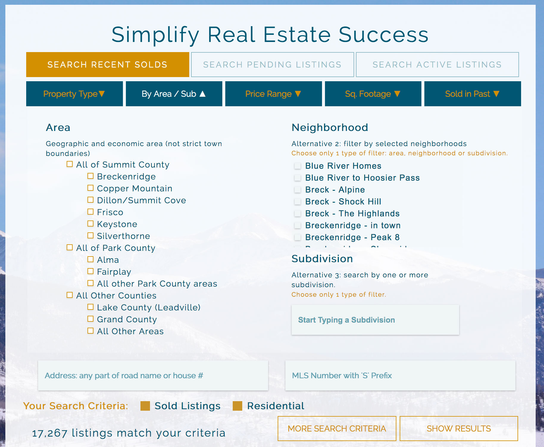 a screenshot of comprehensive, customizable search tool available at Real Estate Summit County.